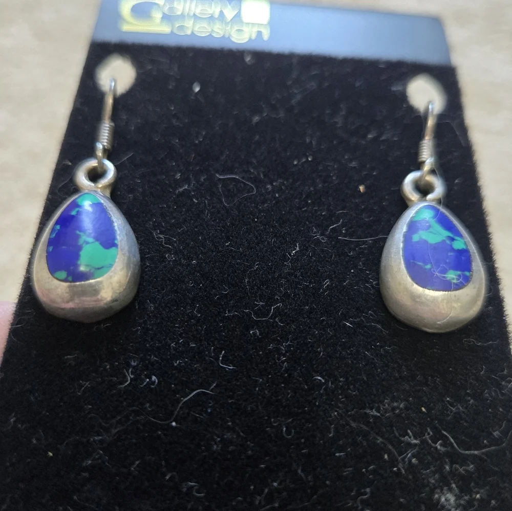 Azurite Malachite Silver Earrings - Picture 3 of 6